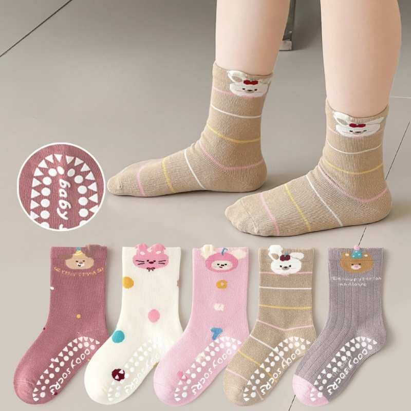 Colorful Cartoon Non-slip 1-3 Years Baby Floor Socks – Mixed Color (5 Pair)