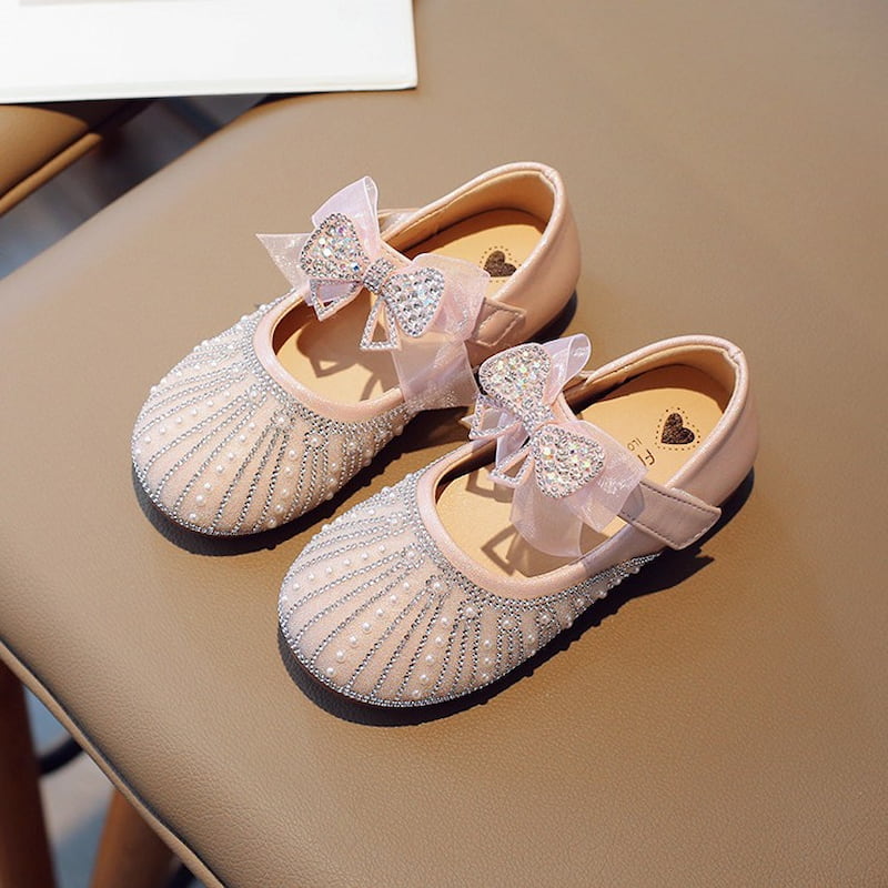 Fairy Bow Stone Work Soft Girls Dress Shoe - Pink