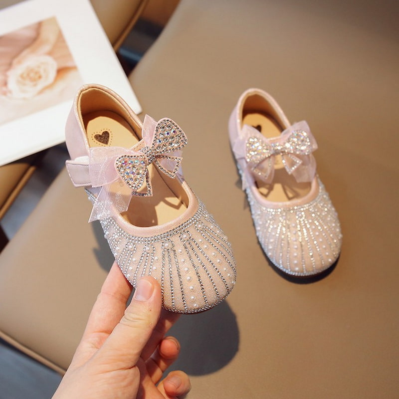 Fairy Bow Stone Work Soft Girls Dress Shoe - Pink