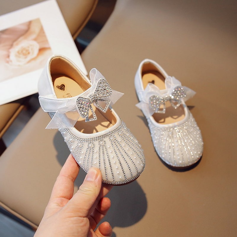 Fairy Bow Stone Work Soft Girls Dress Shoe - Silver