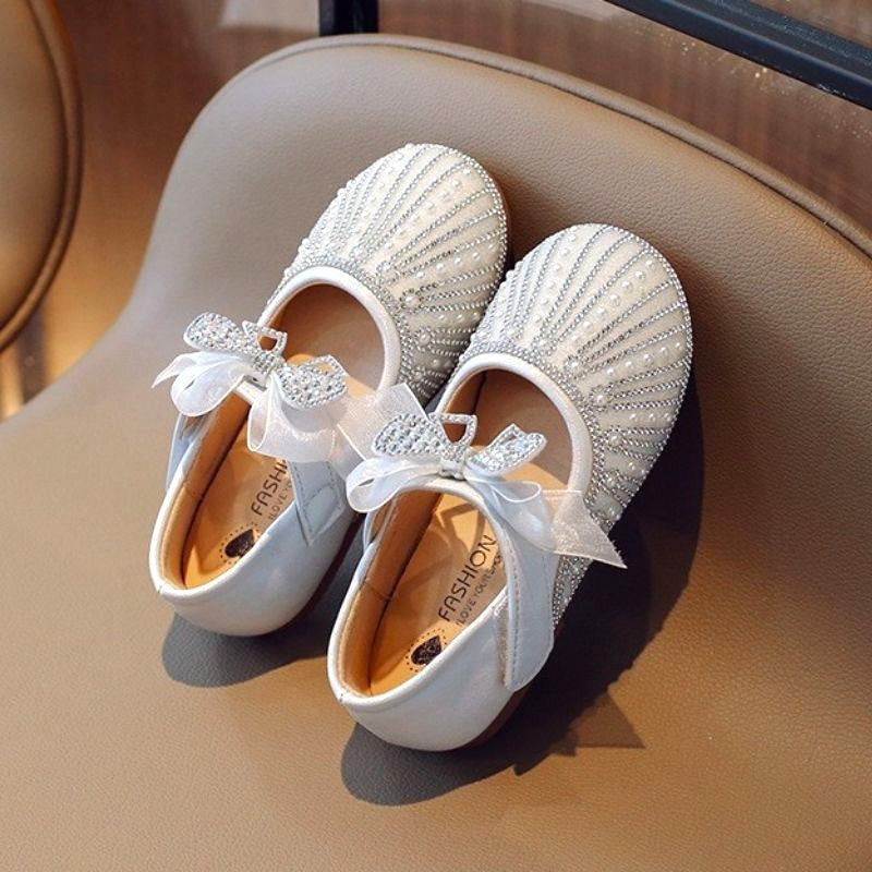 Fairy Bow Stone Work Soft Girls Dress Shoe - Silver