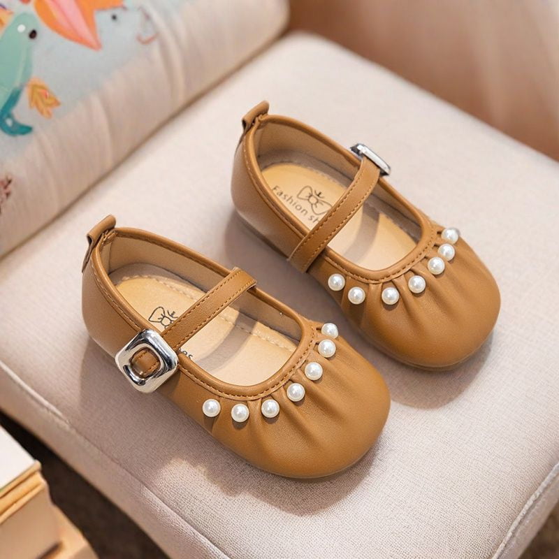 French Style Soft Cute Pearl Princess Shoe - Brown