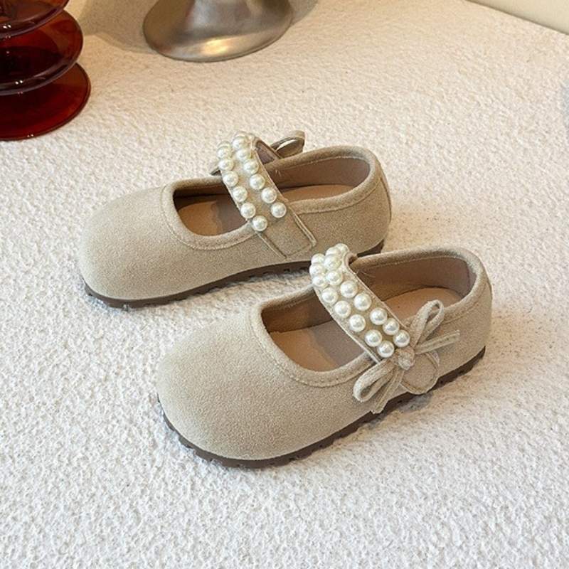 Korean Style Pearl Bow Little Princess Shoe - Beige