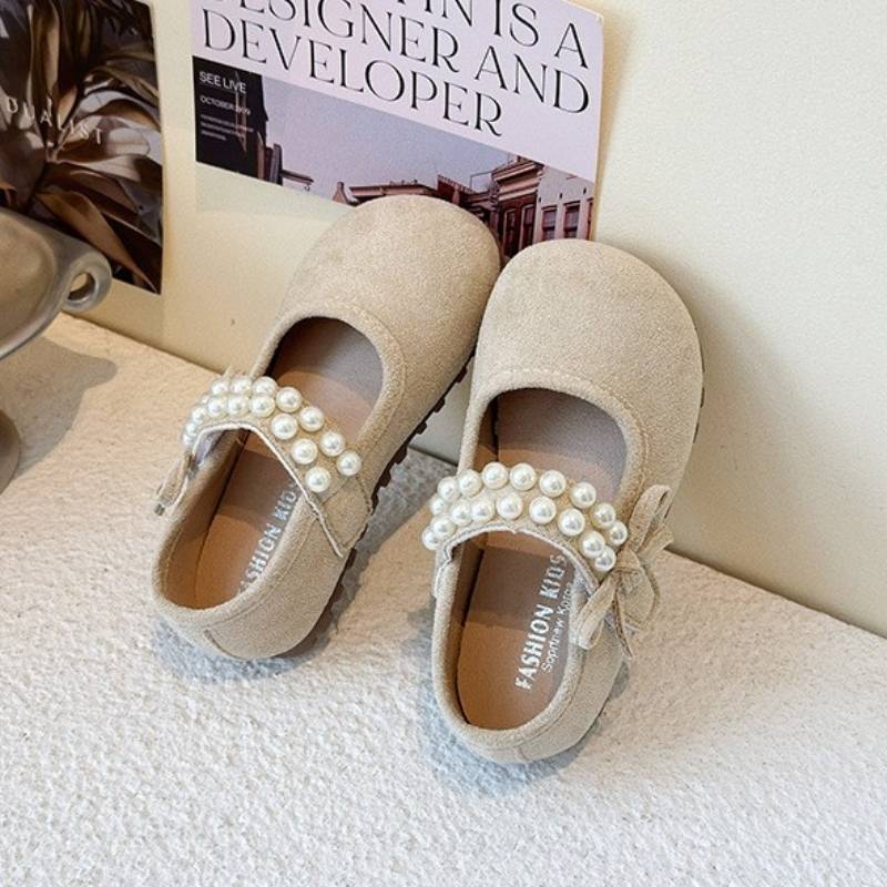 Korean Style Pearl Bow Little Princess Shoe - Beige