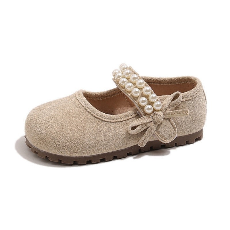 Korean Style Pearl Bow Little Princess Shoe - Beige