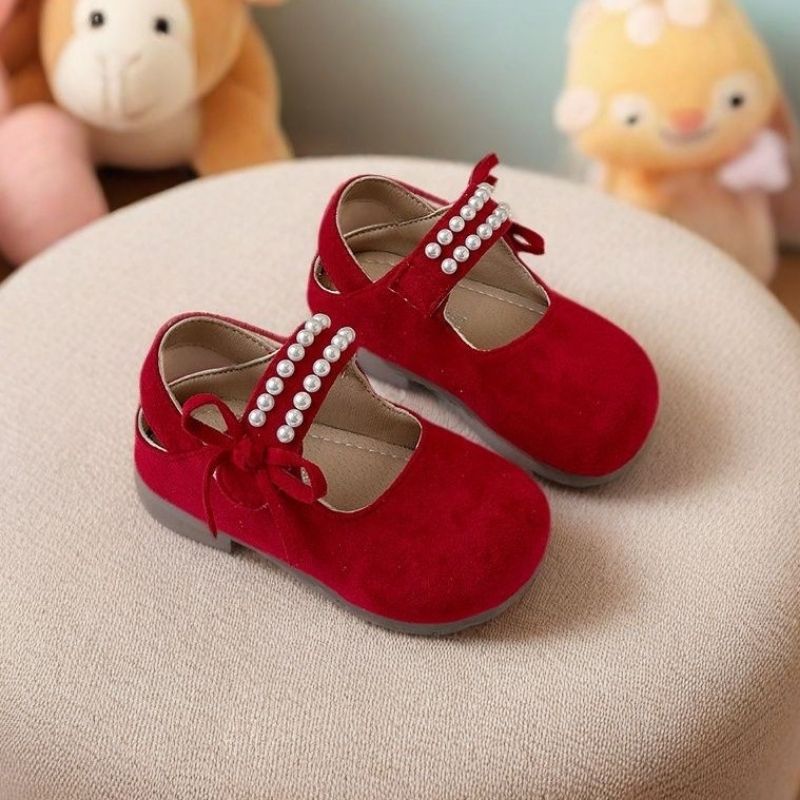 Korean Style Pearl Bow Little Princess Shoes - Red