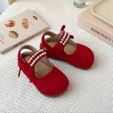 Korean Style Pearl Bow Little Princess Shoe - Red