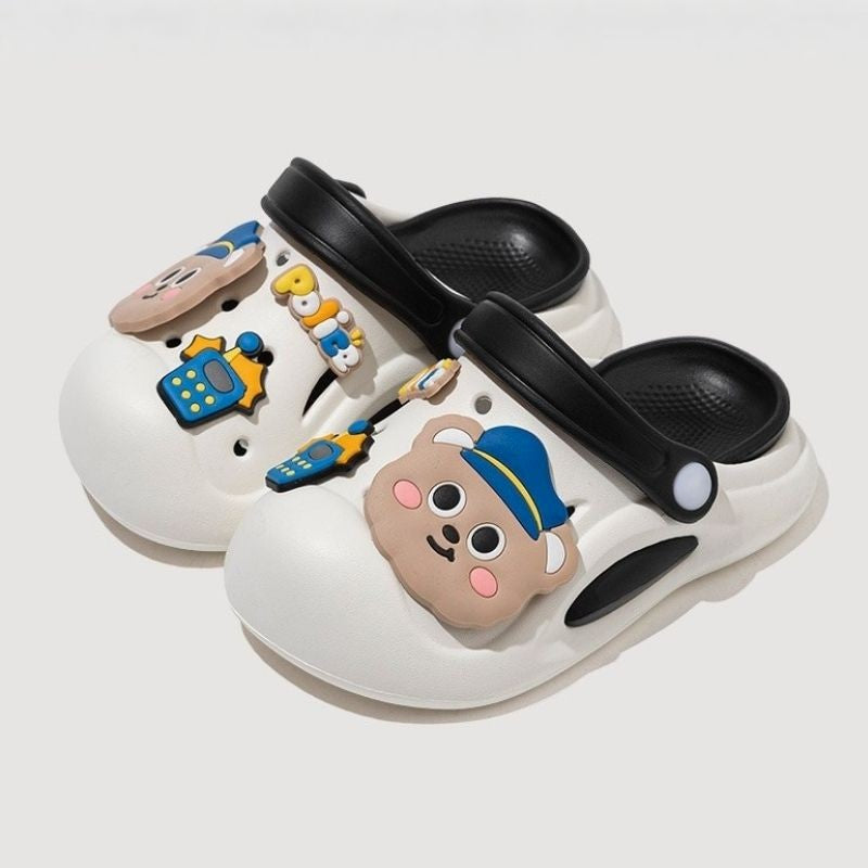 Officer Bear Non-slip Kids Cartoon Clog Shoe - Black White