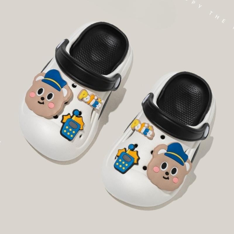 Officer Bear Non-slip Kids Cartoon Clog Shoe - Black White