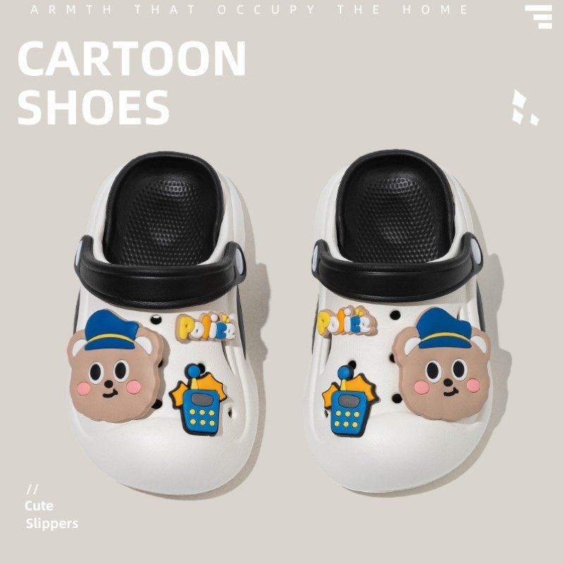 Officer Bear Non-slip Kids Cartoon Clog Shoe - Black White
